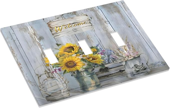 Rustic Sunflower Floral Vintage Wood Board Decorative Switch Plates 3 Gang Wall Plate Triple Toggle Light Switch Cover Faceplate Electrical Wall Panels for Farmhouse Home Decor