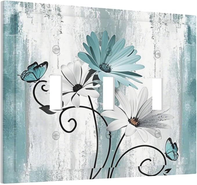 Light Switch Cover Plate Teal Daisy Floral Butterfly Vintage Wood 3 Gang Triple Toggle Decorative Switch Plates Wall Plates Electrical Switchplate Faceplate for Bathroom Bedroom Decor