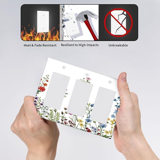 Decorative Light Switch Cover Plate Colorful Wildflowers Plants Flowers on White Background 3 Gang Switch Plate Covers Triple Rocker Wall Plates GFCI Switch Plates and Outlet Covers for Home Decor
