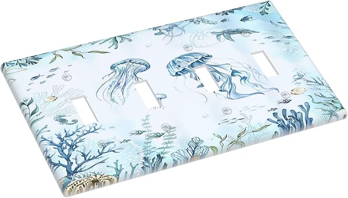 Light Switch Covers Jellyfish Teal Blue Ocean Turtle Coastal Beach Quad Toggle 4 Gang Wall Plate Electrical Faceplate Decorative Switch Plates for Bedroom Bathroom Decor