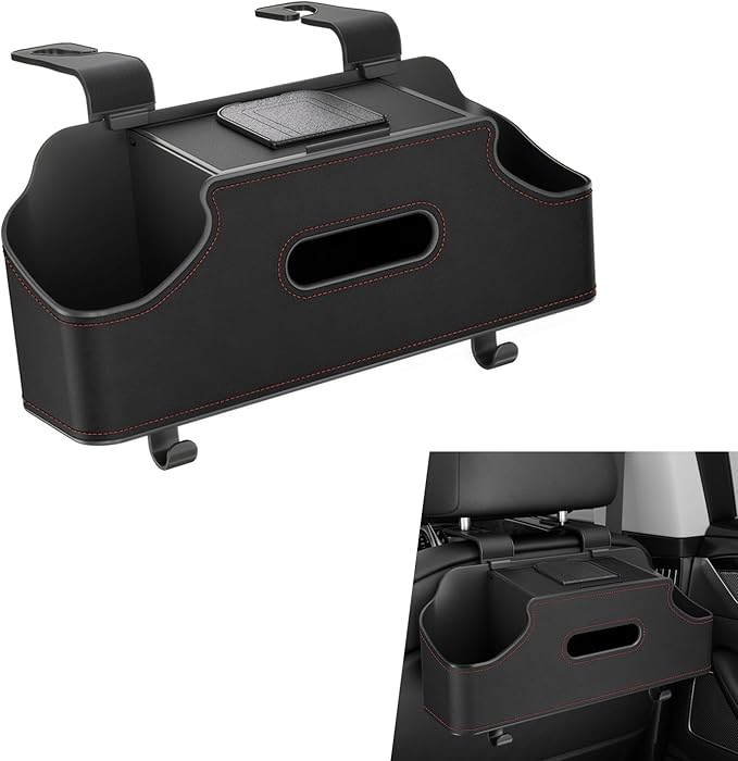 1 PC Car Seat Back Organizer, Multi-Function Tissue Storage Box with 2 Drink Cup Holders, Hanging Kids and Travel Accessories, Universal for Water Cup Phone Umbrella Bag (Black)