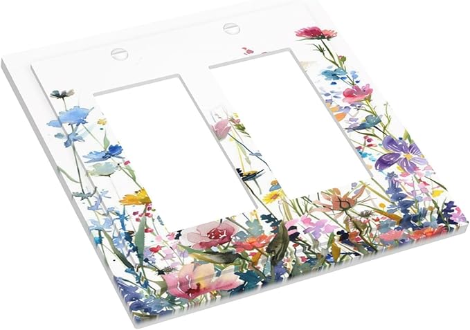 Watercolor Wildflowers Colorful Floral Plant Decorative Outlet Covers 2 Gang Double GFCI Rocker Electrical Wall Panels Light Switch Cover Plate for Bedroom Living Room Decor