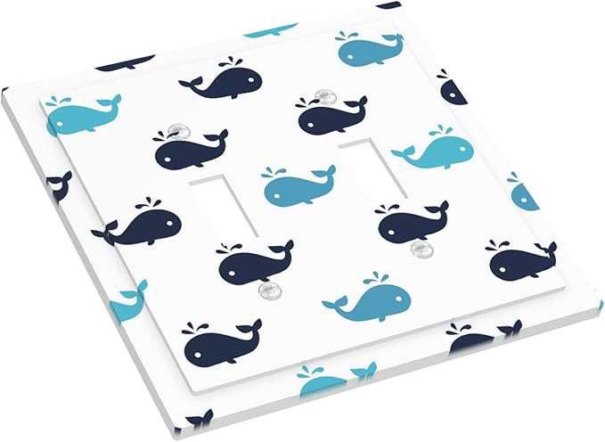 Cute Blue Whales Double Toggle Switch Cover - 2-Gang Standard US Size Nautical Whale Pod Light Switch Covers, Minimalist Coastal for Nursery Decor