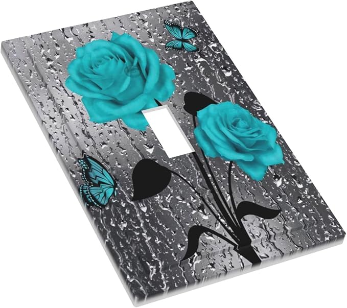 Aqua Teal Blue Floral Rose Flower Decorative 1-Gang Outlet Light Switch Cover Single Toggle Face Wall Plate Romantic Butterfly Women Girl Valentine's Day Lover Electrical Receptacle Cover Mid Size