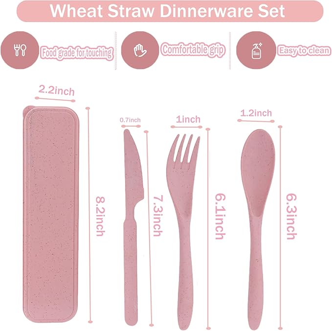4 Sets Wheat Straw Utensils Reusable Travel Utensils Set,Portable Cutlery Set with Case Spoon Knife Fork Tableware Lunch Box Bulk for Adults Travel Picnic Camping Utensils Gifts (Pink)