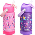 rockpapa 2 Pack Kids Insulated Water Bottle with Straw, BPA-Free, Stainless Steel, Leak Proof 14OZ Metal Cup Water Bottle for School Boys Girls (Unicorn+Mermaid)