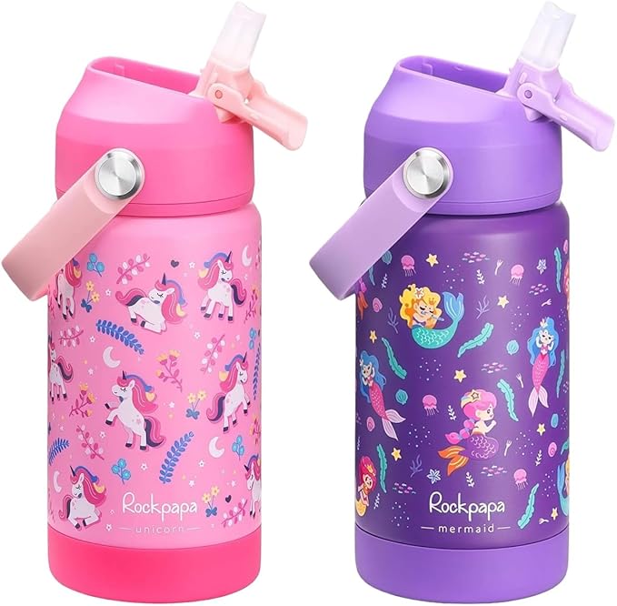 rockpapa 2 Pack Kids Insulated Water Bottle with Straw, BPA-Free, Stainless Steel, Leak Proof 14OZ Metal Cup Water Bottle for School Boys Girls (Unicorn+Mermaid)