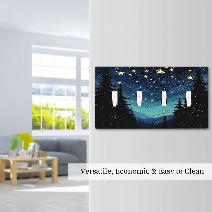 Light Switch Covers Blue Starry Sky Forest Painted Star Pine Tree Oil Painting Quad Toggle 4 Gang Wall Plate Electrical Faceplate Decorative Switch Plates for Bedroom Cabin Decor