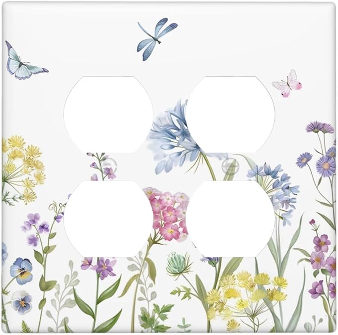 Colorful Wildflowers Dragonfly Lavender Butterfly Insect Outlet Covers 2 Gang Double Duplex Decorative Light Switch Covers Electrical Wallplates Socket Faceplate for Bedroom Living Room Decor