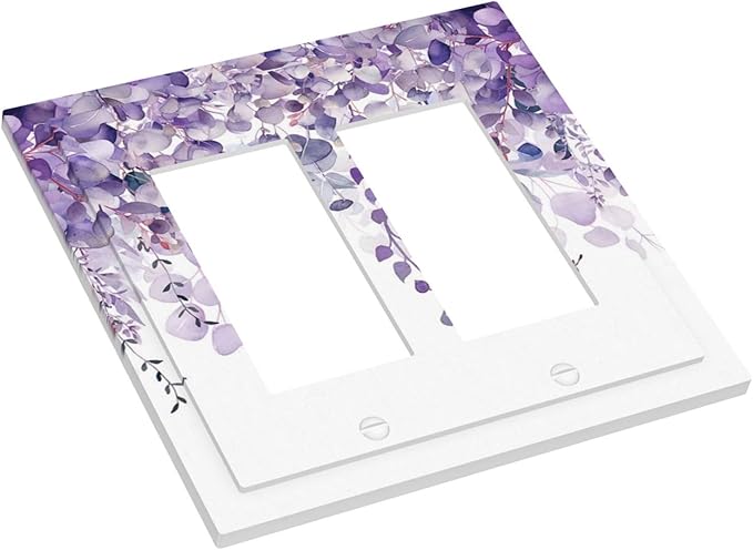 Purple Plants Leaves Eucalyptus Vine Floral Flowers Decorative Outlet Covers 2 Gang Double GFCI Rocker Electrical Wall Panels Light Switch Cover Plate for Bedroom Living Room Decor