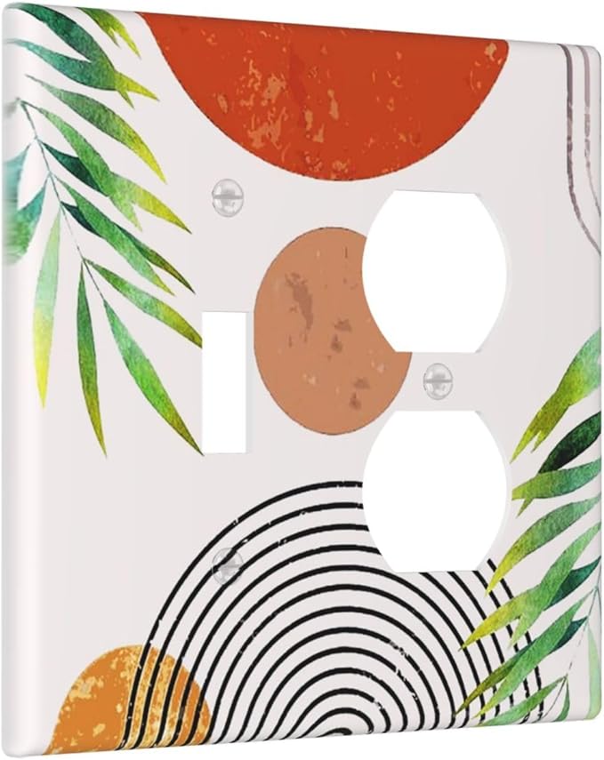 Boho Sun Abstract Art Mid Century 2-Gang 1-Toggle 1-Duplex Device Combination Wallplate Modern Aesthetics Arch Olive Leaf One Toggle Switch and One Duplex Receptacle Outlet Combo Light Switch Cover