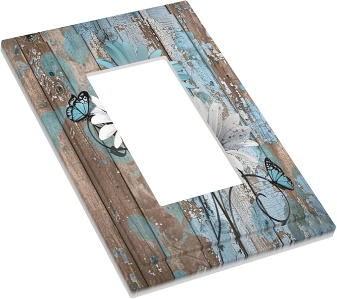Decorative Outlet Covers Rustic Flower Teal Turquoise Daisy Butterfly 1 Gang Single Rocker Light Switch Cover Plate Wall Plates Gfci Faceplate For Farmhouse Cabin Decor