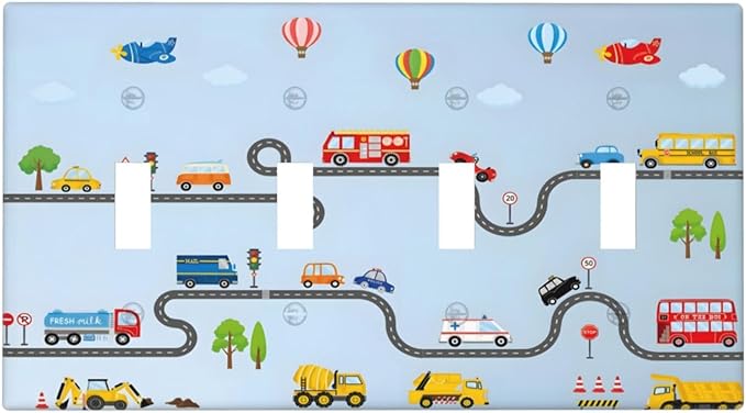Road Construction Car Truck Hot Air Balloon Light Switch Covers Quad Toggle Electrical Faceplate 4 Gang Wall Plate Decorative Switch Plates Cover for Nursery Kids Room Decor