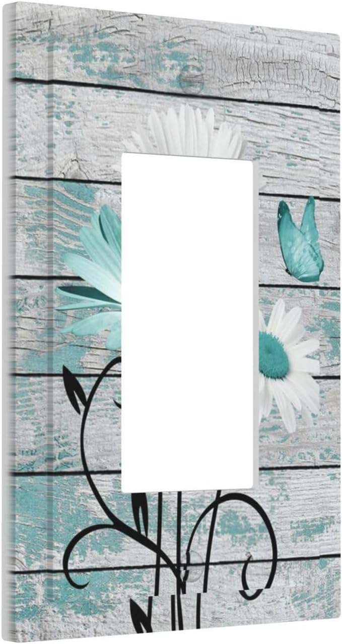 Teal White Daisy Flower Butterfly On Rustic Wood Board Decorative Outlet Covers 1 Gang Single Rocker Light Switch Cover Plate Wall Plates GFCI Faceplate for Farmhouse Bedroom Decor