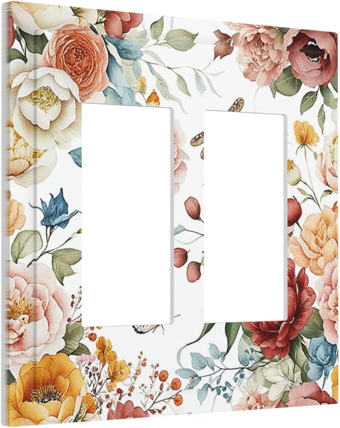 Rustic Style Colorful Peony Butterfly Dragonfly Decorative Outlet Covers 2 Gang Double Gfci Rocker Electrical Wall Panels Light Switch Cover Plate for Bedroom Living Room Decor