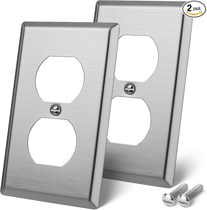 Bates- Metal Duplex Receptacle Wall Plate, 4.5" x 2.76"/Standard Size, 2 Pack, Stainless Steel Outlet Covers Wall Plate, Electric Outlet Cover Plates
