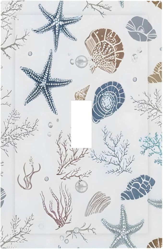 Ocean Starfish Seashells Nautical Coastal Sea Coral Decorative Light Switch Cover 1 Gang Single Toggle Device Electrical Faceplate Switchplates Decorator Outlet Wall Plate for Kids Room Nursery Decor