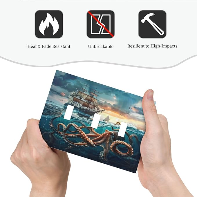 Light Switch Cover Plate Sailboat Ship Octopus Ocean Sea Waves 3 Gang Triple Toggle Decorative Switch Plates Wall Plates Electrical Switchplate Faceplate for Bathroom Bedroom Decor