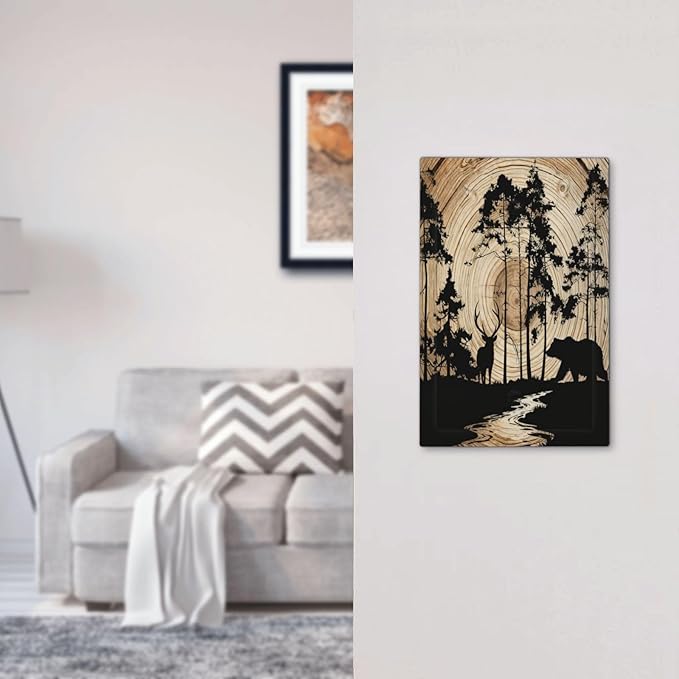 Rustic Forest Antler Black Bear Deer Silhouettes Light Switch Cover Plate 1 Gang No Device Blank Electrical Wall Plates Faceplate Decorative Switch Plate Covers for Farmhouse Home Decor