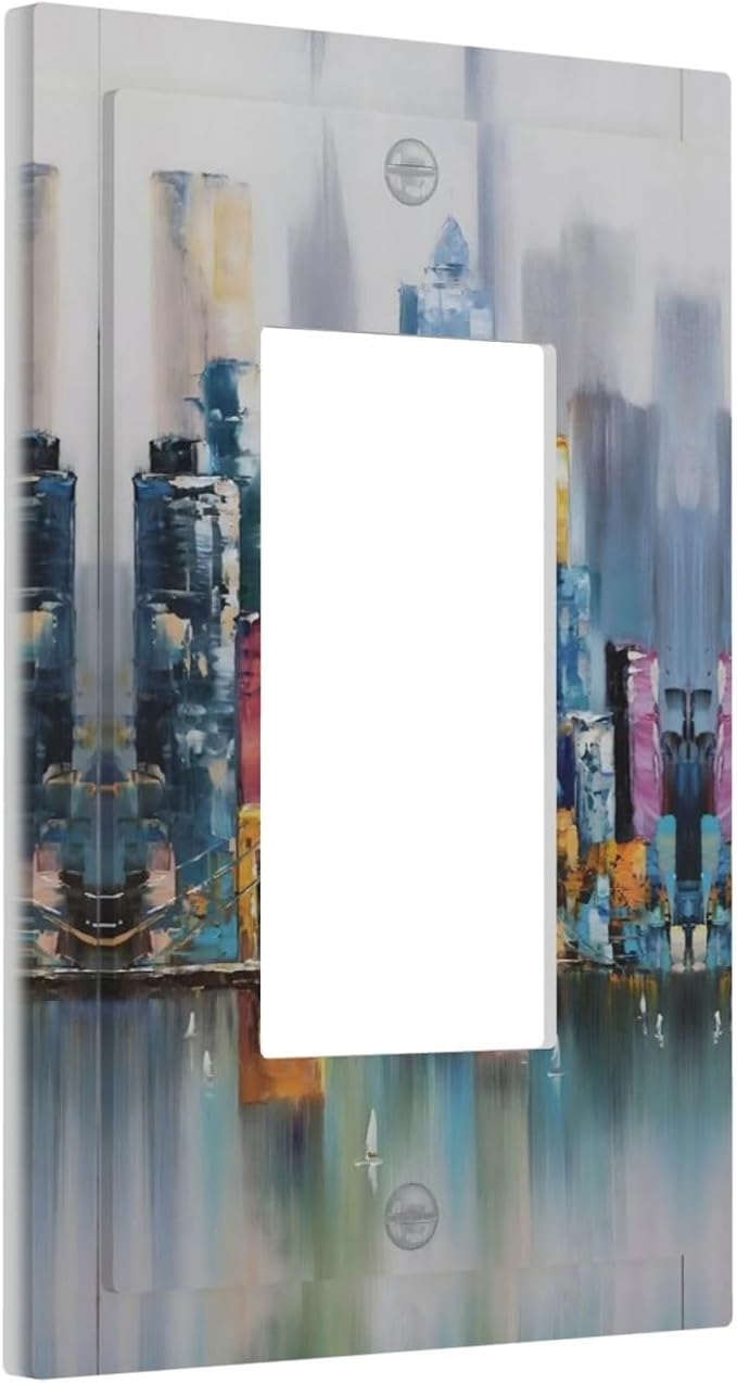 Colorful Nyc Skyline Textured Modern Abstract Decorative Outlet Covers 1 Gang Single Rocker Light Switch Cover Plate Wall Plates GFCI Faceplate for Bedroom Living Room Decor