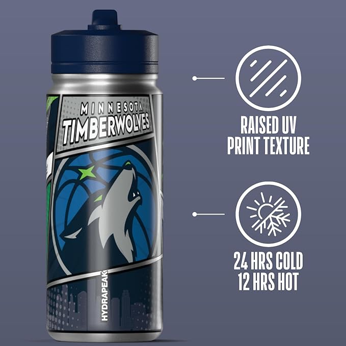 Hydrapeak x NBA Minnesota Timberwolves 20 oz Stainless Steel Water Bottle, Officially Licensed Double Wall Insulated Sports Bottle with Straw Lid, Reusable Leakproof Gift for Kids & Adults