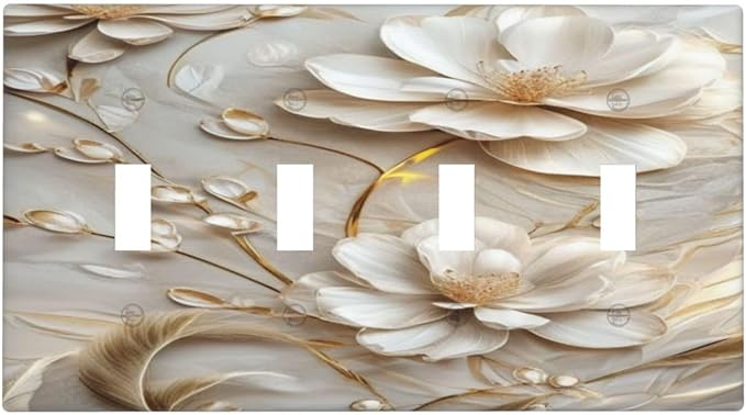 Decorative Art Light Switch Covers Elegant White and Gold Florals Quad Toggle 4 Gang Wall Plate Switch plate Electrical Faceplate for Home Decor