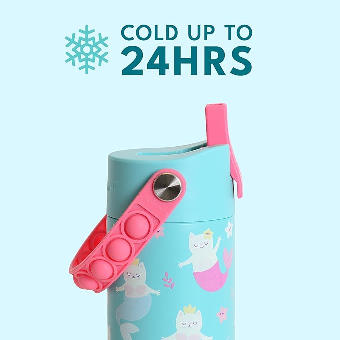 Elemental 100% Leak Proof When Spout is Closed Insulated Kids Water Bottle, Stainless Steel Bottle for School with Straw Lid & Pop-It Handle, Unicorn Magic & Meowmaid - 18oz (2 Pack)