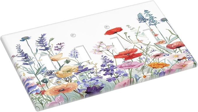 Colorful Floral Purple Lavender Flower Leaves Plants Light Switch Covers Quad Toggle Electrical Faceplate 4 Gang Wall Plate Decorative Switch Plates for Bed Room Living Room Decor