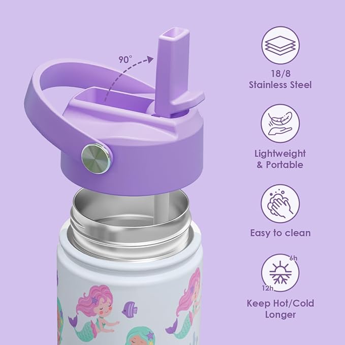 SANDJEST Kid Water Bottle 12oz with Straw Lid - 2-Pack Insulated Stainless Steel Water Bottles for Kids Girls - Travel Cup for School Sports, Rainbow & Mermaid