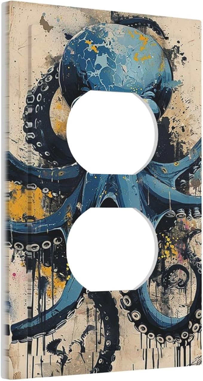 Outlet Covers Nautical Vintage Blue Octopus Yellow Eyes Oil Watercolor 1 Gang Duplex Wall Plate Decorative Switch Plates Electrical Receptacle Faceplate Light Switch Cover for Kids room