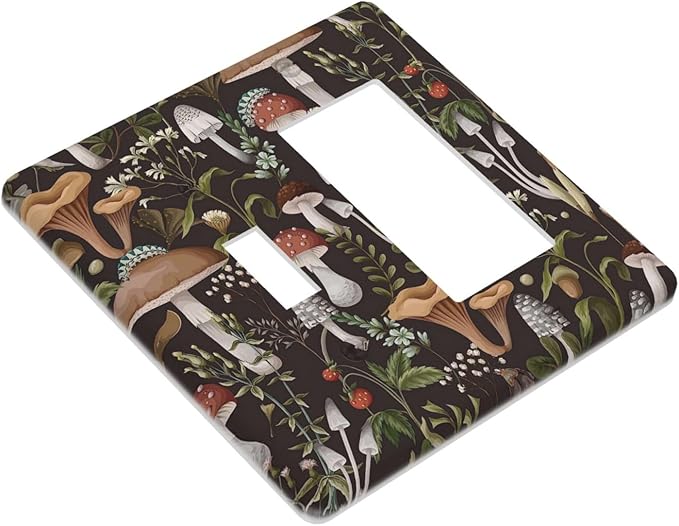 Vintage Boho Hippie Plant Mushroom 2 Gang Single Toggle/Rocker Combination Light Switch Cover Decorative Wall Plate Cover Electrical Faceplate Art Oil Painting Decor