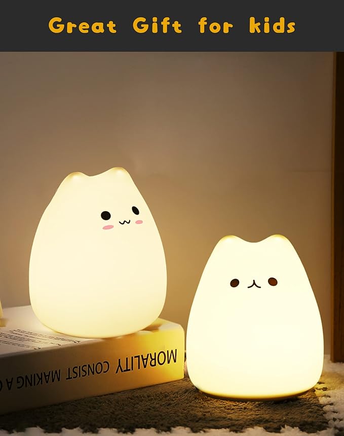 LED Cat Night Light, Battery Powered Night Light for Kids, Silicone Multicolor Cute Lamp with Warm White and 7-Color Breathing Mode, Christmas Gifts for Kids, Baby, Children, Lady (Cute Cat)