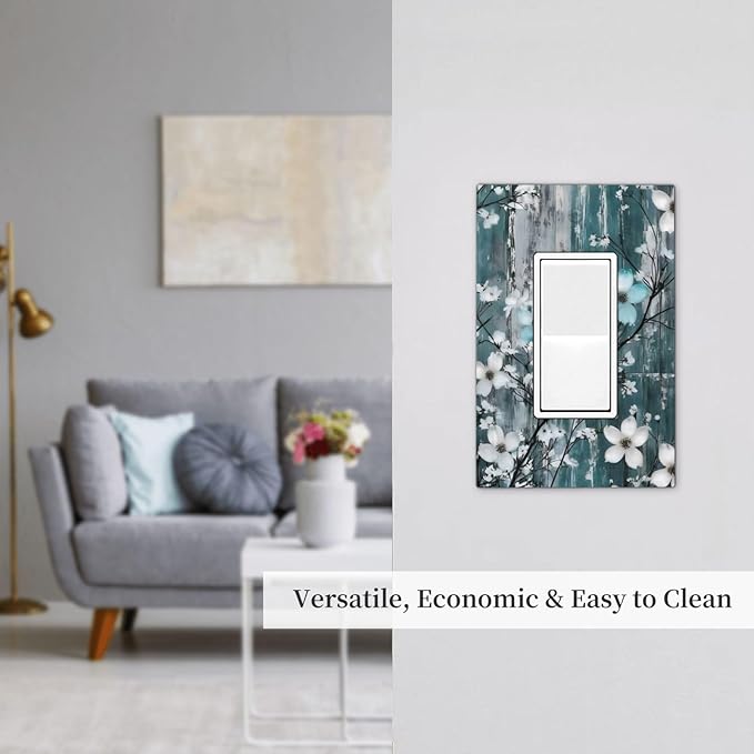 Rustic Blue Watercolor Flower Wooden Background Decorative Outlet Covers 1 Gang Single Rocker Light Switch Cover Plate Wall Plates GFCI Faceplate for Bedroom Living Room Decor