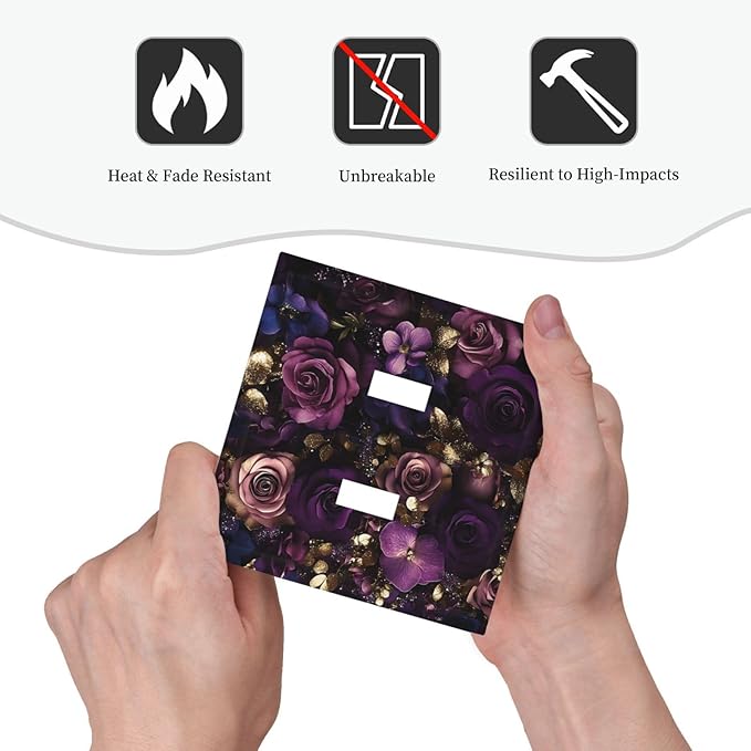 Decorative Switch Plate Cover with Luxurious Purple Roses Gold Accents Leaves Design 2 Gang Wall Plate Unique Double Toggle Double Light Switch Covers for Romantic Bedroom/Living Room Decor