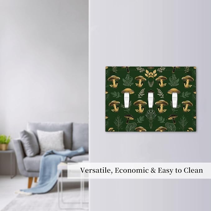 Decorative Light Switch Cover Plate Cute Gold Mushtroom Green Plant Leaf 3 Gang Wall Plates for Electrical Outlets Triple Toggle Switch Plate Covers Outlet Covers Faceplate for Home Decor