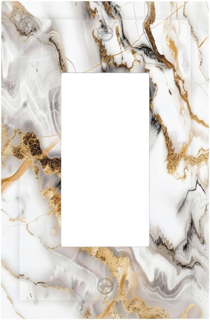 Luxurious Marble Abstract White Gold Tile Modern Simplicity Decorative Outlet Covers 1 Gang Single Rocker Light Switch Cover Plate Wall Plates GFCI Faceplate for Bathroom Kitchen Decor