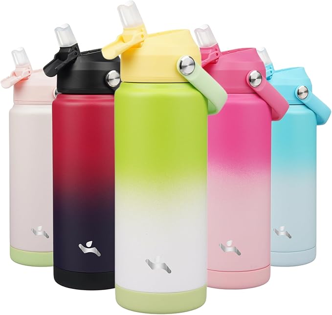 Konokyo Insulated Water Bottle with Straw Lid,24 oz Stainless Steel Vacuum Metal Bottle with Silicone Handle,GreenWhite