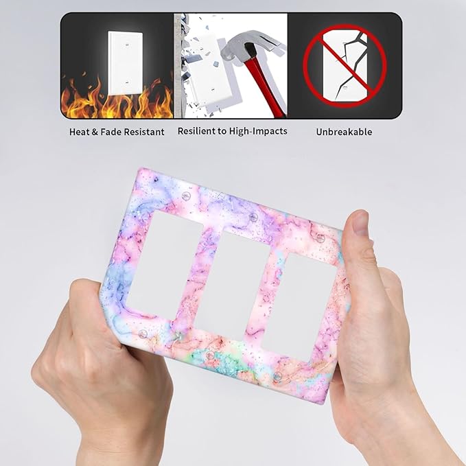 Decorative Switch Plate Covers Cute Marble Texture 3 Gang Triple Rocker Decora Light Switch Cover Pink Purple Gold Abstract Outlet Wall Plate Electrical Faceplate GFCI for Kids Girls Nursery Decor