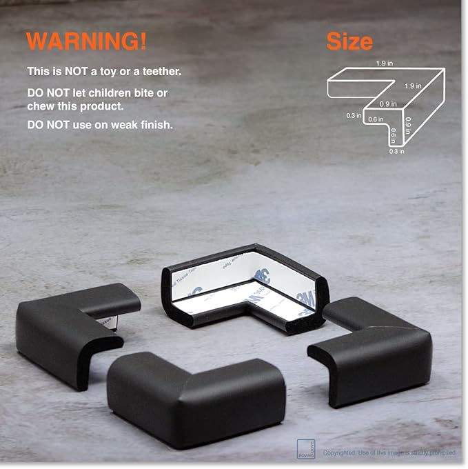 Roving Cove Slimfit Corner Protector for Baby Proofing (8 Small Corners), Soft Rubber Foam Furniture Corner Bumper Guards, 3M Adhesive Pre-Taped, Onyx Black