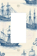 Vintage Nautical Ships Single Rocker Switch Cover - 1-Gang Standard US Size Old World Sailing Vessels Light Switch Covers, Blueprint Design for Beach House Decor