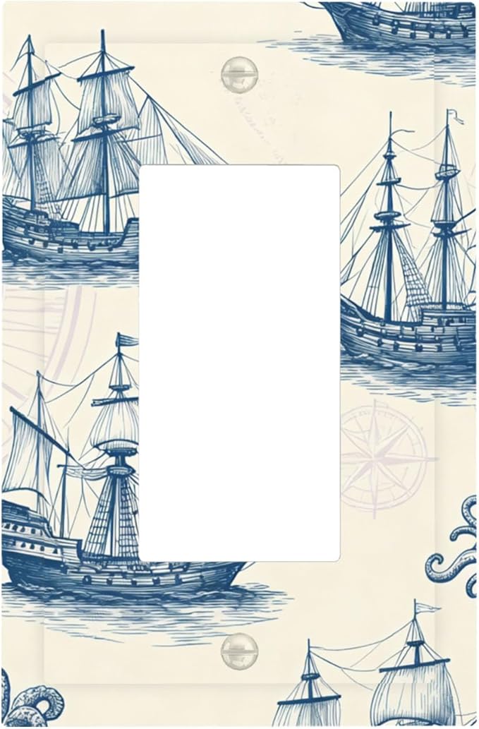 Vintage Nautical Ships Single Rocker Switch Cover - 1-Gang Standard US Size Old World Sailing Vessels Light Switch Covers, Blueprint Design for Beach House Decor