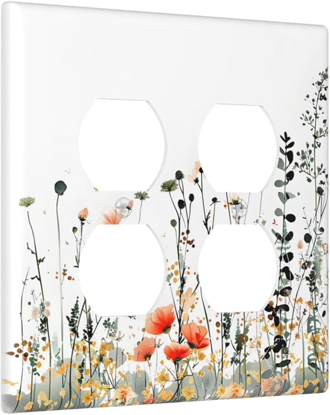 Vintage Country Style Watercolor Leaves Wildflowers Floral Outlet Covers 2 Gang Double Duplex Decorative Light Switch Covers Electrical Wallplates Socket Faceplate for Bedroom Living Room Decor