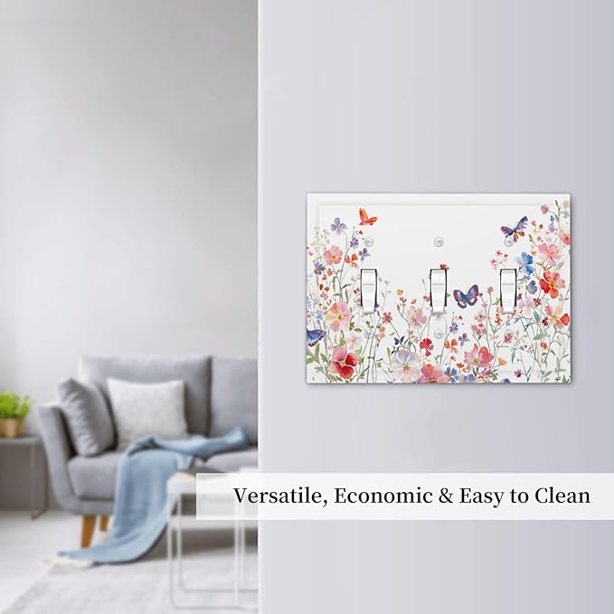 Colorful Flower Watercolor Floral Butterfly Bird Decorative Switch Plates 3 Gang Wall Plate Triple Toggle Light Switch Cover Faceplate Electrical Wall Panels for Bedroom Living Room Decor