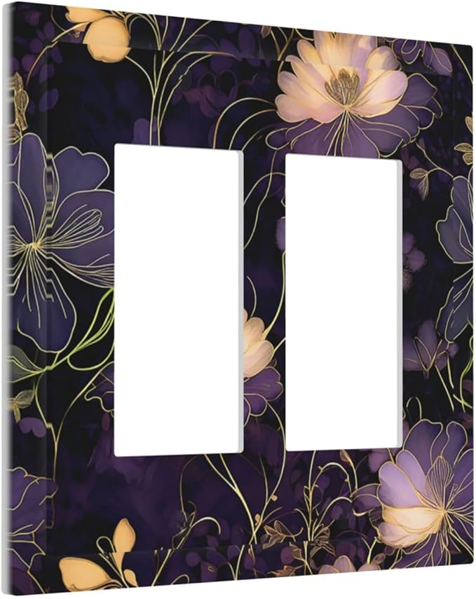 Modern Boho Vintage Gold Purple Dark Floral Modern Abstract Flowers Decorative Outlet Covers 2 Gang Double Gfci Rocker Electrical Wall Panels Light Switch Cover Plate for Bedroom Living Room