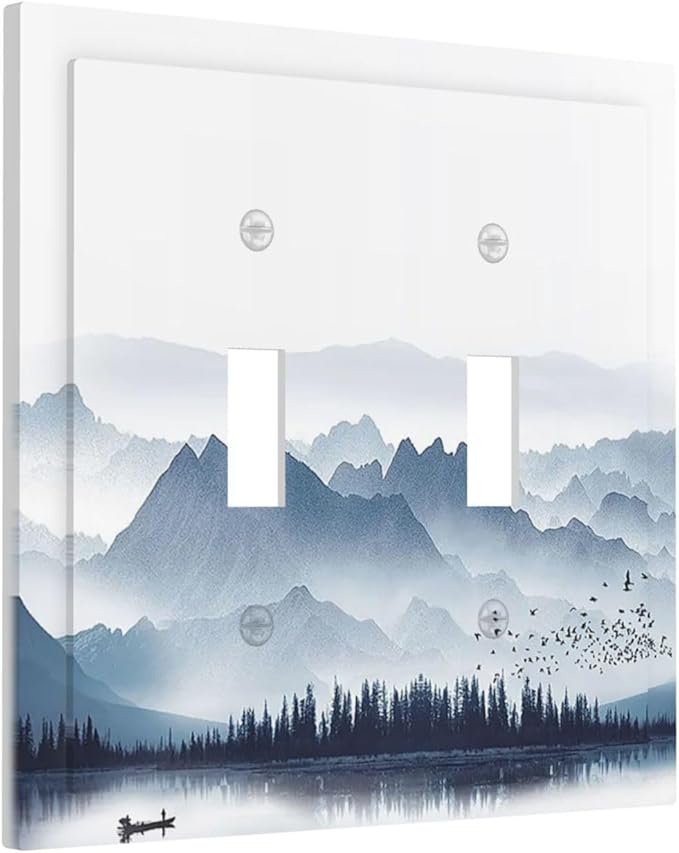 Decorative Switch Plates Mountain Foggy Lake Boat Grey Blue Forest Birds 2 Gang Double Toggle Wall Plate Outlet Light Switch Cover Electrical Faceplate for Bedroom living Room Decor