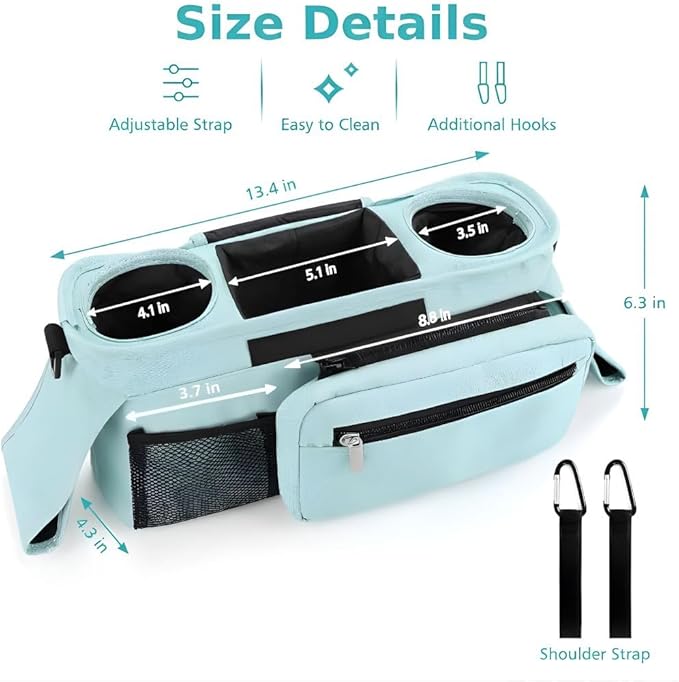 Stroller Organizer with Insulated Cup Holders - Universal Blue Baby Stroller Bag Caddy with Detachable Phone Pocket, Diaper Storage, Adjustable Straps for Uppababy, Doona, Baby Jogger, Britax