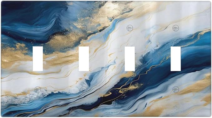 Abstract Blue Granite Luxury Watercolor Marble Texture Print Quad Toggle Light Switch Covers Decorative Unique 4 Gang Wall Plate Electrical Faceplate Switchplate for Bedroom Bathroom Decor