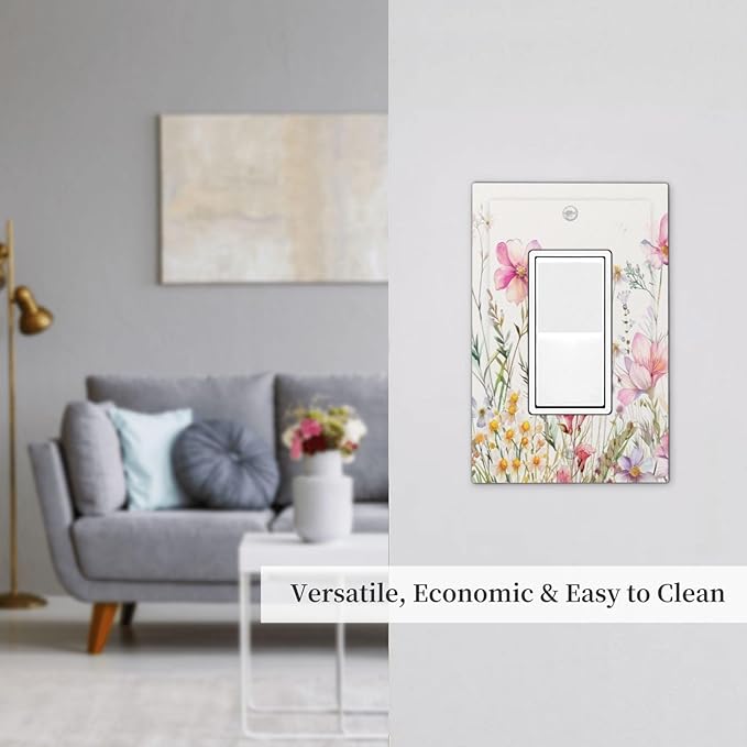 Pink Floral Wild Flowers Watercolor Plants Decorative Outlet Covers 1 Gang Single Rocker Light Switch Cover Plate Wall Plates GFCI Faceplate for Bedroom Living Room Decor