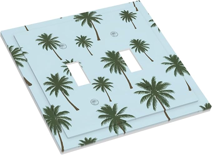 Tropical Palm Tree Pattern Double Toggle Switch Cover - 2-Gang Standard US Size Coastal Breeze Light Switch Covers for Beach House Decor