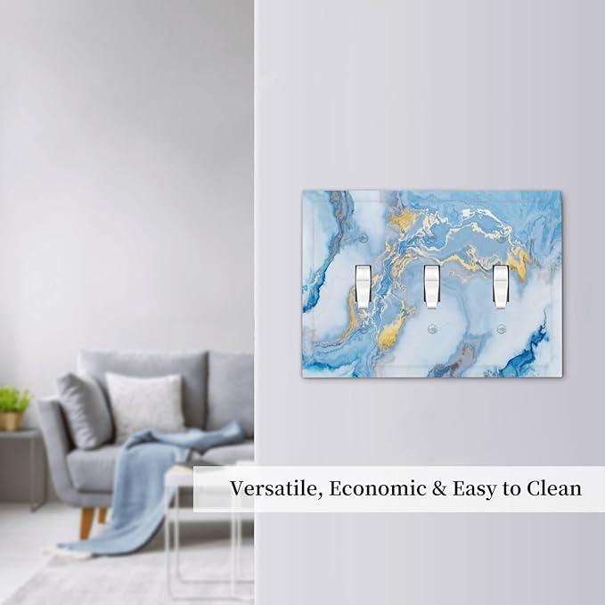 Beautiful Marble Texture Blue Gold Fluid Abstract Print Decorative Switch Plates 3 Gang Wall Plate Triple Toggle Light Switch Cover Faceplate Electrical Wall Panels for Bedroom Bathroom Decor
